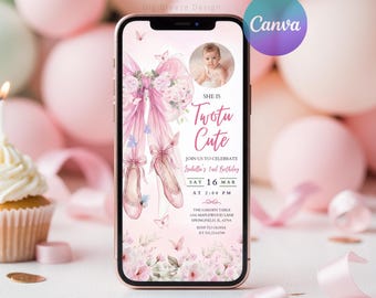 Tutu Cute Birthday Mobile Invitation, Pink Bow Ballet Birthday Phone Invite, Girl Bday Ballerina Party, Editable Canva Template