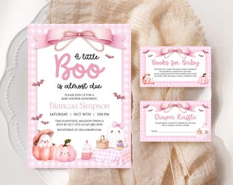 May include: Pink baby shower invitations and inserts with a Halloween theme. The main invitation reads "A little Boo is almost due" with bats and ghost illustrations. Includes "Books for Baby" and "Diaper Raffle" inserts.