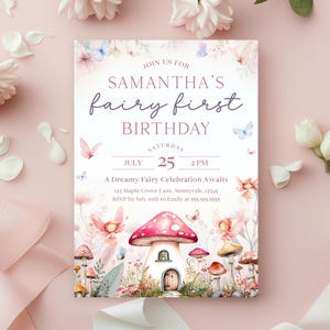 Editable Pink Fairy First Birthday Invitation Template, DIY Enchanted Fairy 1st Birthday Invite, Floral Butterfly Magical Garden Party Evite
