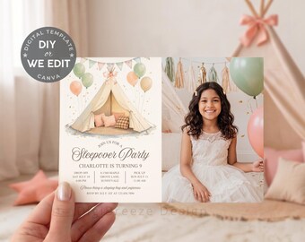 Sleepover Birthday Party Invitation with Photo, Girls Slumber Party Invite, Pajama Party, Glamping Birthday, Editable Canva Template