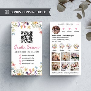 Instagram Floral Visitenkarte mit QR-Code für Floristen, Blumen Visitenkarte für Blumengeschäft, DIY Wildblumen Schönheitssalon IG Visitenkarte