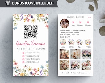 Instagram Floral Business Card with QR Code for Florist, Flower Business Card for Flower Shop, DIY Wildflower Beauty Salon IG Business Card