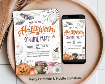 Editable Pastel Halloween Costume Party Invitation, Kids Ghost Pumpkin Halloween Party Printable & Mobile Invite, Spooktacular Party Invite