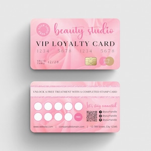 Modelo de carimbo de cartão de fidelidade de salão de beleza Pink Rose, cartão de recompensas editável para manicure, cartão de fidelidade de SPA estilo cartão de crédito, cartão perfurado para cliente