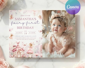 Fairy First Birthday Invitation with Photo, Enchanted Forest 1st Birthday Invite, Floral Magical Garden Party, Editable Canva Template