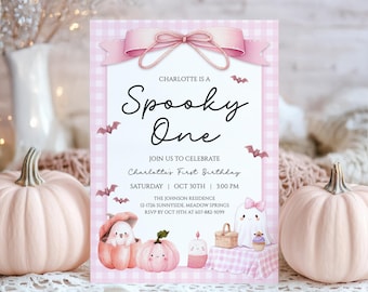 Une fille effrayante modifiable, invitation 1er anniversaire d'Halloween rose, fête d'anniversaire fantôme mignon, première fête du jour de Boo, téléchargement immédiat
