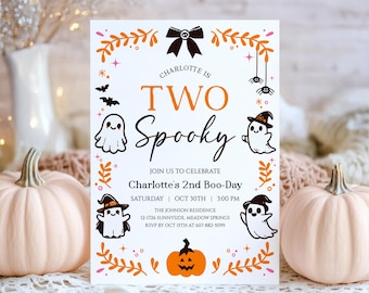 Halloween 2nd Birthday Invite, Two Spooky Invitation, Boo Day Party, Cute Ghost Birthday Party, Editable Template, Digital Download