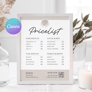 Minimalist Salon Price List Template, Modern Beauty Price Sheet, Hair & Nail Salon Menu, Esthetician Price Sign, Editable Canva