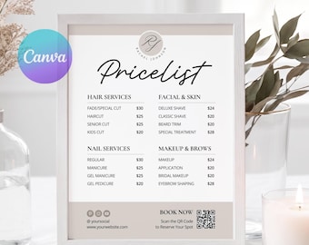 Minimalist Salon Price List Template, Modern Beauty Price Sheet, Hair & Nail Salon Menu, Esthetician Price Sign, Editable Canva