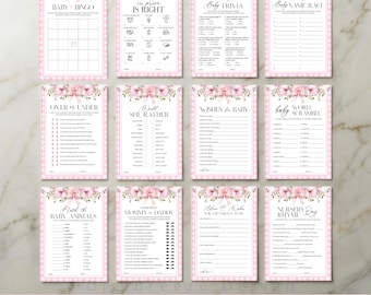 Baby Shower Games Bundle Girl, Pink Gingham Baby Games Set, Floral Baby Shower Activity Pack, Editable Template, Digital Download, PBQ