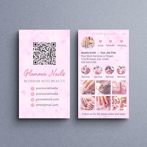 Carte de visite rose modifiable pour les ongles Instagram avec code QR, carte de visite numérique rose IG pour cils d'ongles, carte de visite pour salon de beauté floral bricolage
