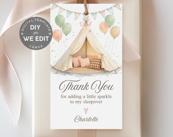 Sleepover Birthday Thank you Tag, Girls Slumber Party Favor Tag, Pajama Party Decor, Glamping Gift Tag Printable, Editable Canva Template