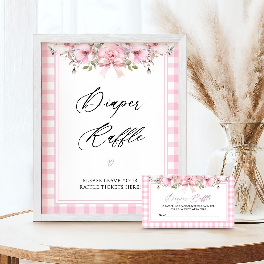 Pink Diaper Raffle Sign Pink Gingham Diaper Raffle Sign and Card, Floral Baby Shower Raffle ...