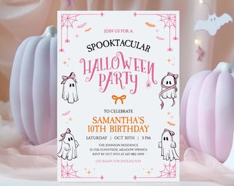 Editable Pink Halloween Birthday Invitation, Spooktacular Birthday Invite, Halloween Ghost Party Invite, Pink Spooky Birthday Invitation