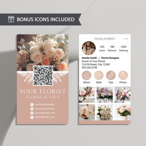 Bloemen visitekaartje voor Instagram met QR-code voor bloemist, bloemenvisitekaartje voor bloemenwinkel, doe-het-zelf schoonheidssalon IG-sjabloon voor visitekaartjes