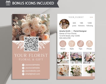 Instagram Floral Business Card with QR Code for Florist, Flower Business Card for Flower Shop, DIY Beauty Salon IG Business Card Template