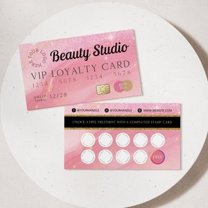Pink Glitter Loyalty Card Stamp Template, Editable VIP Rewards Card ...