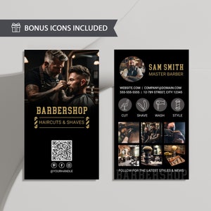 Sjabloon Instagram Barbershop-visitekaartje, bewerkbaar zwart kappersvisitekaartjeontwerp, visitekaartje digitale kapper, Corjl-sjabloon