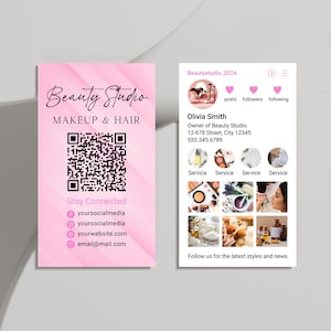 Bearbeitbare rosa Instagram QR-Code Kosmetikerin Visitenkarte Vorlage, IG Social Media DIY Visitenkarte für Hautpflege & Schönheitssalon Geschäft