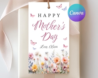 Happy Mothers Day Gift Tag, Mother's Day Tea Party Decor, Pink Floral Favor Tag, Mothers Day Cookie Tag, Editable Canva Template, MO1