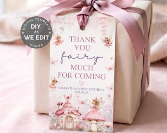 Fairy First Birthday Thank You Tag, Enchanted Forest Fairy Gift Tag, Floral 1st Favor Tag, Wildflower Garden Party Decor, Editable Template