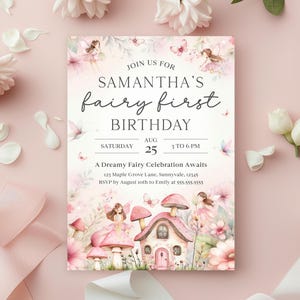 Modelo de convite de primeiro aniversário de fada rosa editável, convite de primeiro aniversário de fada encantada faça você mesmo, convite de festa de jardim mágico de princesa floral