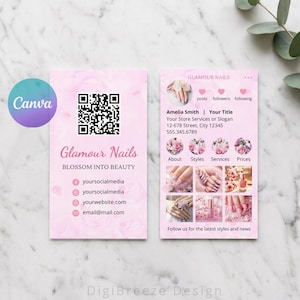 Visitenkarte für Nagelstudios mit Blumenmuster und QR-Code, Instagram-Visitenkarte für Wimpernstylisten, Instagram-Visitenkarte für den Schönheitssalon Pink Rose, bearbeitbare Canva-Vorlage