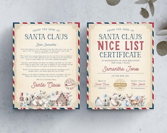 May include: Two Christmas certificates with a vintage design. One is a letter from Santa Claus to Samantha, the other a Nice List Certificate. Both feature red, blue, and cream colours, and festive illustrations.