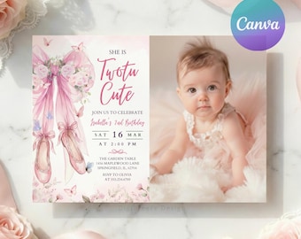 Pink Bow Ballet Birthday Photo Invite, Tutu Cute Birthday Invitation with Picture, Girl Bday Ballerina Party, Editable Canva Template