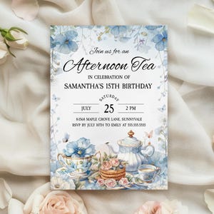Bewerkbare blauwe bloemen sjabloon High Tea Party uitnodiging, DIY Vintage Afternoon Tea verjaardagsuitnodiging, Boho Brunch Par-tea Garden Party uitnodiging
