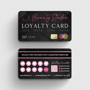 Modelo de carimbo de cartão de fidelidade preto e rosa, cartão de recompensas VIP editável, cartão de desconto para salão de beleza Nail Lash Spa, cartão de visita estilo cartão de crédito