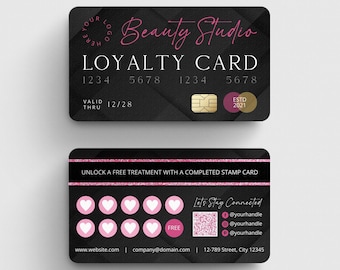 Black & Pink Loyalty Card Stamp Template, Editable VIP Rewards Card, Discount Card for Nail Lash Spa Salon, Credit Card Style Business Card