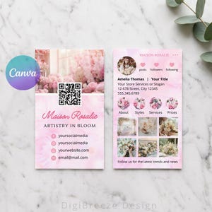 Biglietto da visita floreale per Instagram con codice QR, biglietto da visita con rosa rosa per fiorista, estetista, tecnico delle unghie e salone di bellezza, modello Canva modificabile