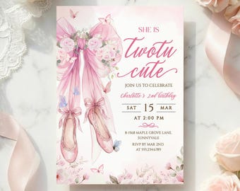 Tutu Cute Birthday Invitation, Pink Bow Ballet Birthday Invite, Two Tu Cute 2nd Bday, Ballerina Party, Editable Corjl Template