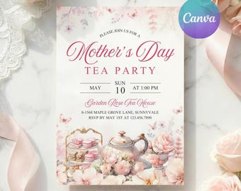 Mother's Day Tea Party Invitation, Mothers Day Brunch Invite, Pink Floral High Tea Party, Mom Brunch Invite, Editable Canva Template, MO1