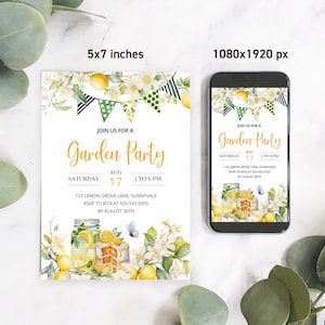 Convite editável para festa de limão e convite para festa no jardim, convite digital para festa no quintal com limonada cítrica, convite para chá floral faça você mesmo