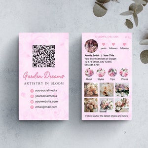 Carte de visite Instagram fleur rose rose avec code QR pour salon de beauté, carte de visite imprimable IG pour fleuriste, carte de visite florale esthéticienne