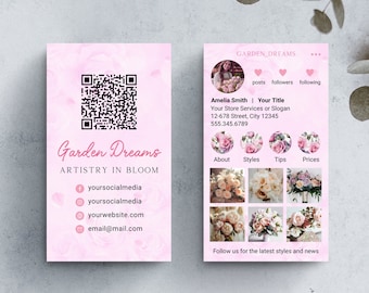 Pink Rose Flower Instagram Business Card with QR Code for Beauty Salon, Printable Florist IG Business Card, Floral Esthetician Calling Card