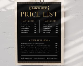 May include: Black and gold price list for a barber shop. The list includes services and prices for haircuts, beard trims, and other services. The text includes the words "Barber Shop" and "Price List".