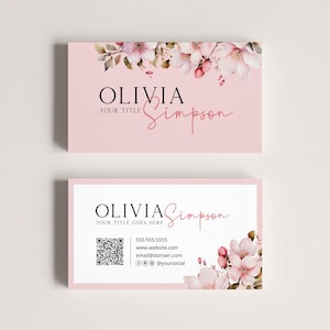 Bearbeitbare rosa Blumen Visitenkarte QR-Code für Schönheitssalon, DIY Kosmetikerin Moderne Visitenkarte Vorlage, Boho Florist Blumen Visitenkarte