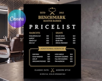 Barbershop Price List, Barber Price Menu, Black Barber Service Flyer, Haircut Pricing Template, Editable Business Sign, Canva