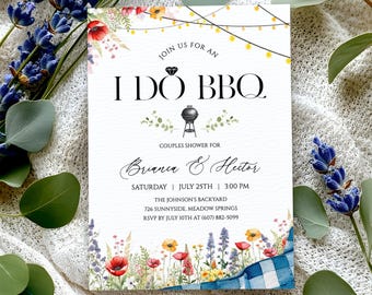 I Do BBQ Couples Shower Invitation, Wildflower Backyard BBQ Bridal Shower Invite, Rustic Rehearsal Dinner Invite, Editable Template