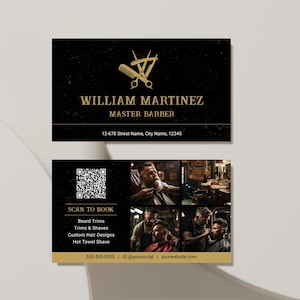 Moderne Schwarzgold-Barber-Visitenkartenvorlage, bearbeitbare Barbershop-QR-Code-Visitenkarte mit Fotos, DIY-Digital-Friseursalon-Visitenkarte