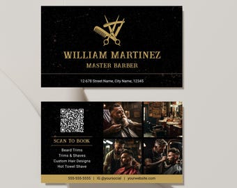 Plantilla moderna de tarjeta de presentación de barbería en negro y dorado, tarjeta de presentación editable con código QR y fotos, tarjeta de presentación digital DIY para peluquería.