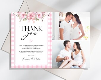 Pink Gingham Baby Shower Photo Thank You Card, Floral Baby Shower Thank You Note, Pink Bow Gratitude Card, Digital Download, PGB