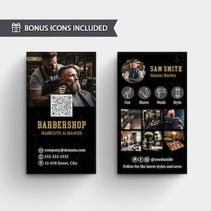Modello modificabile per biglietto da visita Black Gold IG Barbershop, biglietto da visita modificabile per barbiere Instagram con codice QR, biglietto da visita fai da te per parrucchiere