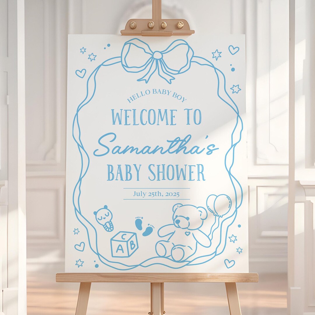 Editable Blue Bear Baby Shower Welcome Sign Template, Cute Bow Baby Boy ...