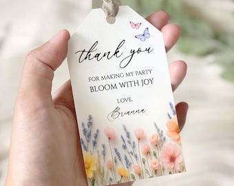 Wildflower Birthday Favor Tag, Floral Birthday Gift Tag Printable, Butterfly Garden Party Thank You Tag, Editable Template, Digital Download