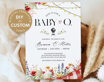 Baby Q Invitation, BBQ Baby Shower Invite, Wildflower Sprinkle Party,  Backyard Baby Shower Printable, Editable Template, Digital Download