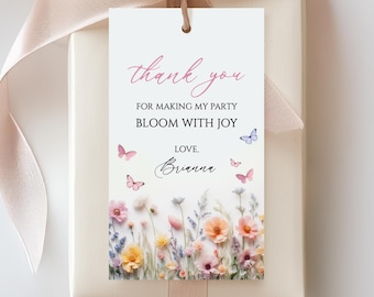 Wildflower Birthday Favor Tag, Butterfly Birthday Gift Tag Printable, Floral Garden Party Thank You Tag, Editable Template, Digital Download